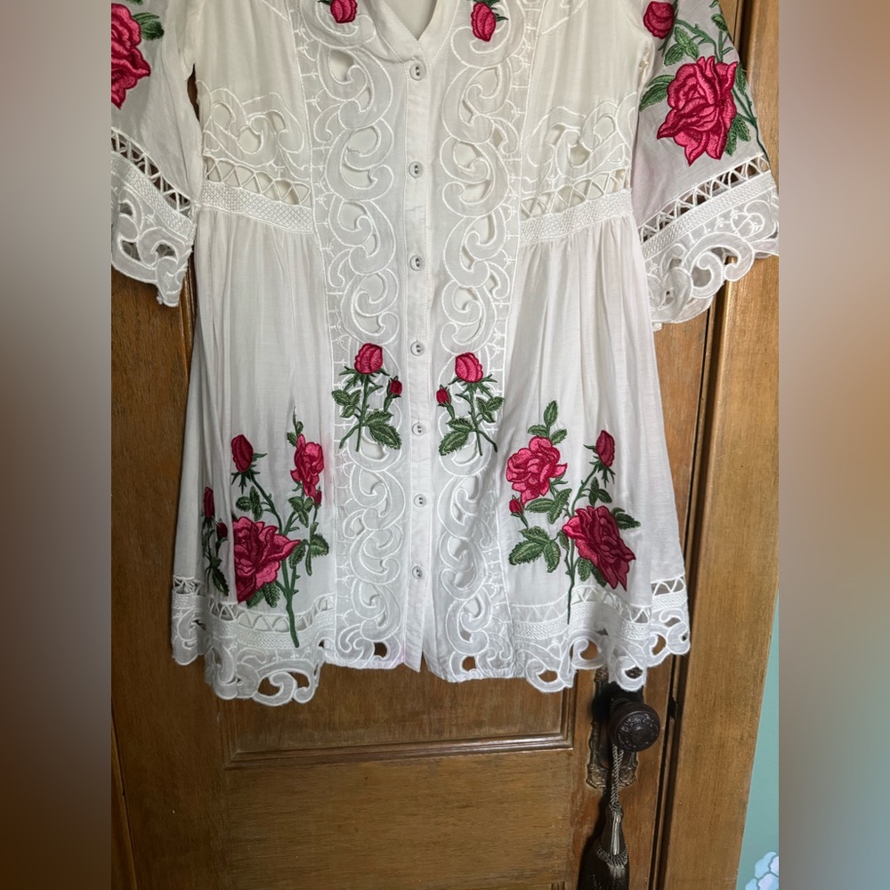 Silk and cotton embroidered lace button front mini dress - Picture 5 of 16